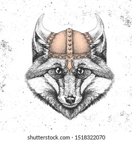 Hipster animal fox wearing a viking helmet. Hand drawing Muzzle of fox