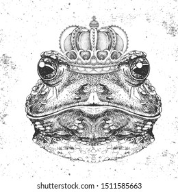 Hipster animal frog in crown. Hand drawing Muzzle of frog