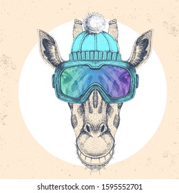 Hipster animal giraffe in winter hat and snowboard goggles. Hand drawing Muzzle of giraffe