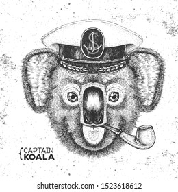 Hipster animal koala captain's cap and smoking pipe. Hand drawing Muzzle of koala