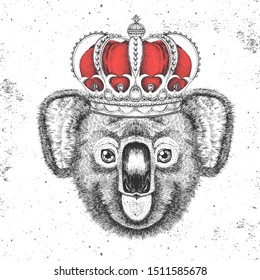 Hipster animal koala in crown. Hand drawing Muzzle of koala