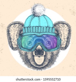 Hipster animal koala in winter hat and snowboard goggles. Hand drawing Muzzle of koala