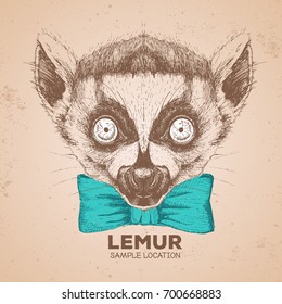 Hipster animal lemur. Hand drawing Muzzle of animal  lemur