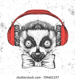 Hipster animal lemur. Hand drawing Muzzle of animal  lemur