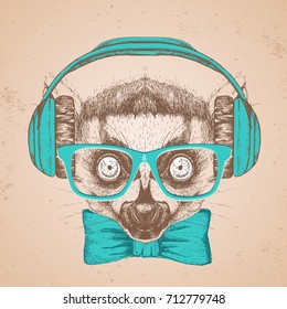 Hipster animal lemur. Hand drawing Muzzle of animal  lemur