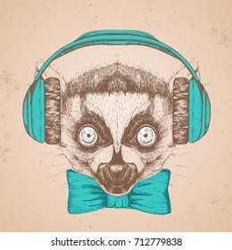 Hipster animal lemur. Hand drawing Muzzle of animal  lemur