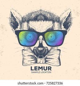 Hipster animal lemur. Hand drawing Muzzle of animal  lemur