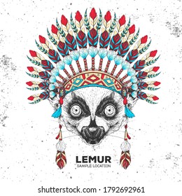 Hipster animal lemur with indian feather headdress. Hand drawing Muzzle of animal lemur