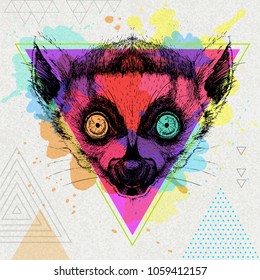 Hipster animal lemur on artistic polygon watercolor background 