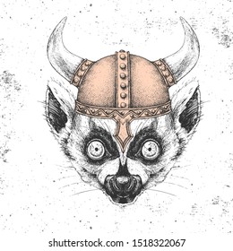 Hipster animal lemur wearing a viking helmet. Hand drawing Muzzle of lemur