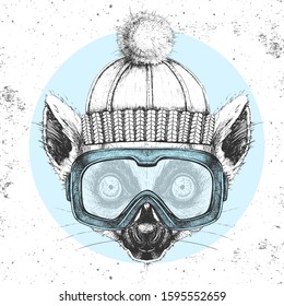 Hipster animal lemur in winter hat and snowboard goggles. Hand drawing Muzzle of lemur