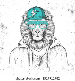 Hipster animal lion dressed in cap like rapper. Hand drawing Muzzle of lion