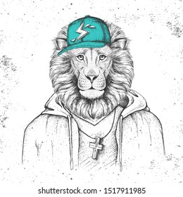 Hipster animal lion dressed in cap like rapper. Hand drawing Muzzle of lion