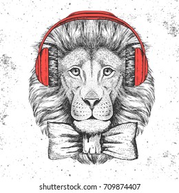 Hipster animal lion. Hand drawing Muzzle of lion