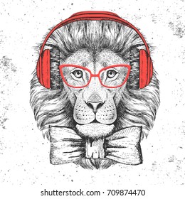 Hipster Animal Lion. Hand Drawing Muzzle Of Lion