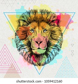 Hipster animal lion on artistic polygon watercolor background 