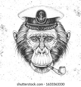 Hipster animal monkey in captain's cap and smoking pipe. Hand drawing Muzzle of chimpanzee