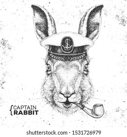 Hipster animal rabbit in captain's cap and smoking pipe. Hand drawing Muzzle of bunny