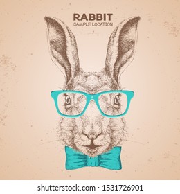 Hipster animal rabbit. Hand drawing Muzzle of bunny