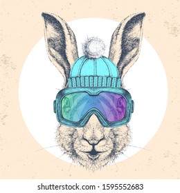 Hipster animal rabbit in winter hat and snowboard goggles. Hand drawing Muzzle of hare