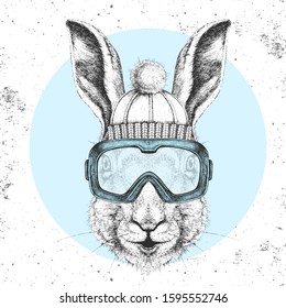 Hipster animal rabbit in winter hat and snowboard goggles. Hand drawing Muzzle of hare