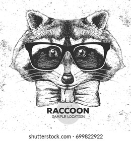 Hipster animal raccoon. Hand drawing Muzzle of animal  raccoon