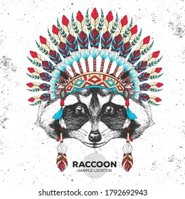 Hipster animal raccoon with indian feather headdress. Hand drawing Muzzle of animal  raccoon