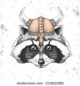 Hipster animal raccoon wearing a viking helmet. Hand drawing Muzzle of raccoon