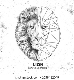 Hipster animal realistic and polygonal lion face. Triangle animal