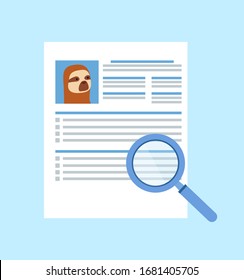 Hipster animal sloth resume vector, cv of candidate with picture and text, magnifying glass zooming tool, research of biography. Paper with information