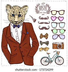 Hipster animal in suit hand drawn, sketchy vector illustration in vintage style, create your own drawing with different glasses, mustache, bow, bike, bike isolated