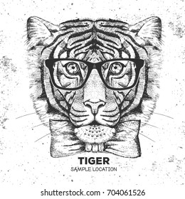 Hipster animal tiger. Hand drawing Muzzle of tiger