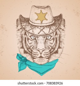 Hipster animal tiger. Hand drawing Muzzle of tiger