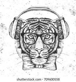 Hipster animal tiger. Hand drawing Muzzle of tiger