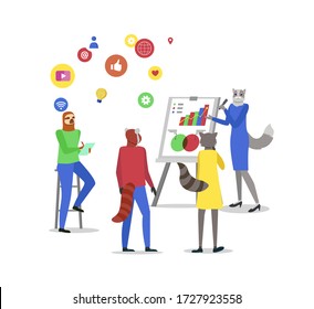 Hipster animal vector, sloth and cat raccoon presenting infographics and infocharts analytics information on board flat style. Presenter in business school