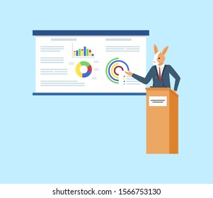 Hipster animal vector, speaker standing by whiteboard showing information in visual representation, kangaroo wearing suit formal wear pointing on info