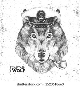 Hipster animal wolf captain's cap and smoking pipe. Hand drawing Muzzle of wolf