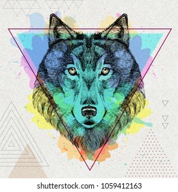 Hipster animal wolf on artistic polygon watercolor background 