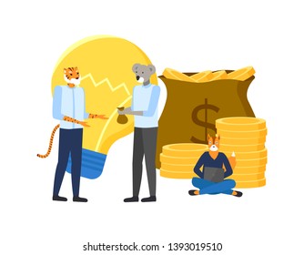 Hipster animals making deal vector, lightbulb idea and bag filled with money golden coins dollar. Isolated fox working on computer, koala and tiger