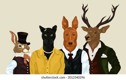 Hipster animals set. People art animal, characters portrait animals in clothes fashion