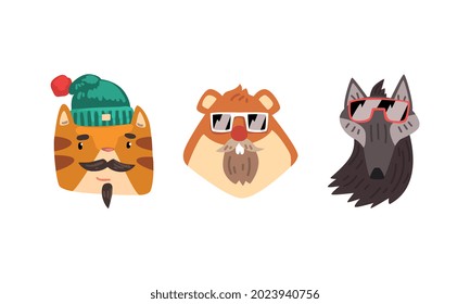 Hipster Animals Set, Portrait of Cat, Hamster, Wolf in Retro Sunglasses and Caps Cartoon Vector Illustration