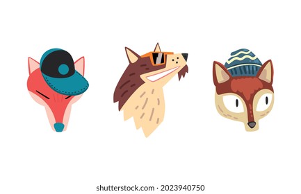 Hipster Animals Set, Portrait of Fox and Dog in Retro Sunglasses and Caps Cartoon Vector Illustration