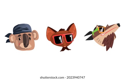 Hipster Animals Set, Portrait of Koala, Dog in Retro Sunglasses and Caps Cartoon Vector Illustration