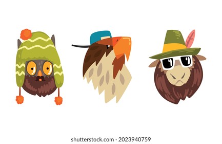 Hipster Animals Set, Portrait of Owl, Eagle, Donkey in Retro Sunglasses and Caps Cartoon Vector Illustration