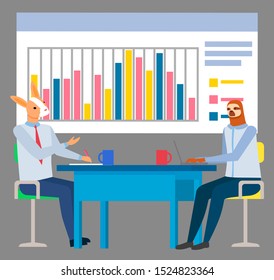 Hipster animals sloth and rabbit sitting at desktop with laptop and cup. Workers zoo in suit on workplace, employees characters and graph board vector