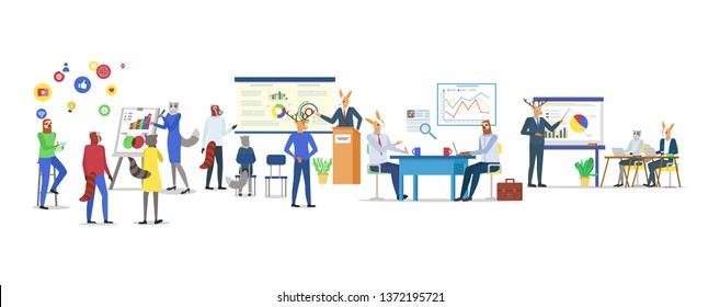 Hipster animals vector, deer giving presentation and cat manager with information on board. Raccoon and kangaroo, sloth wearing formal costume shirt
