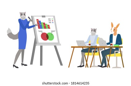 Hipster animals vector, students listening to speaker with whiteboard and information. Explanation by lady cat, kangaroo sitting by table concentrated