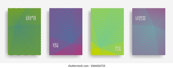 Hipster annual report design vector collection. Halftone stripes edged texture cover page layout templates set. Report covers geometric design, business brochure pages corporate backgrounds.