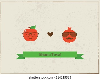 Hipster apple and pomegranate on a card for rosh hashana, jewish New Year