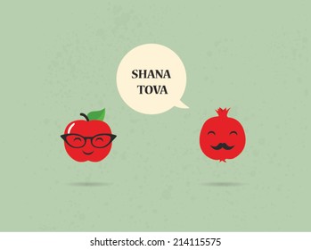 Hipster apple and pomegranate on a card for rosh hashana, jewish New Year